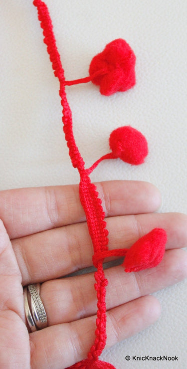 Red Wool Pom Pom One Yard Lace Trims 50mm Wide, Decorative Trim, Pompom Lace